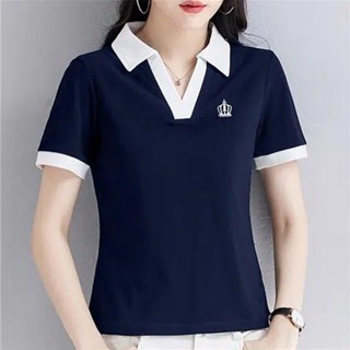T恤女裝翻領短袖夏季新款收腰v領洋氣時尚體恤女polo衫上衣