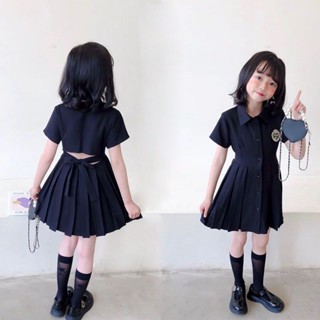 🎈臺灣出貨💥夏季女童洋氣露背百褶連衣裙2024兒童學院風polo領設計感西裝裙子