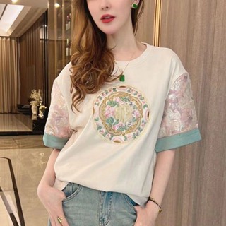 新中式國風圓領重工刺繡t恤女2024春夏季新款白帶寬松短袖上衣潮 國潮 中國風上衣 復古上衣 大尺碼上衣 顯瘦 短袖T恤