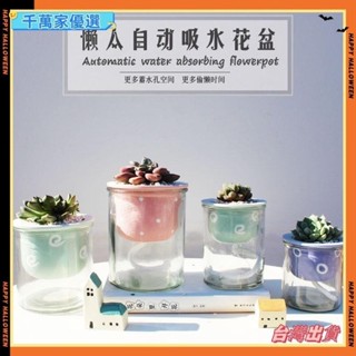 🤞臺灣🤞懶人花盆多肉盆栽盆 陶瓷花盆 迷你小花盆 多肉植物花盆套裝自動吸水花盆懶人花盆陶瓷配玻璃綠植盆栽水耕花盆g