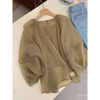 防曬袖套 女裝複古溫柔摩卡色上衣女2024夏季時尚設計感兩件套薄款小衫 袖套 冰絲袖套 麵罩 GBZY