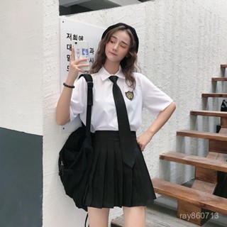 拉鍊領帶 自動領帶 懶人領帶 【三件套】學院風百褶裙套裝女夏寬鬆襯衫女學生韓版製服jk製服女 QKQ5