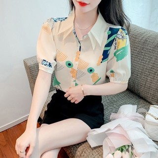 SY韓版上衣新款短袖襯衫夏裝時尚修身顯瘦印花大碼上衣女雪紡襯衫短袖上衣遮肉小清新翻領上衣