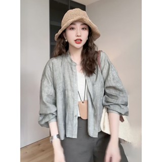 LW湯圓女裝-法式高階感圓領長袖襯衫2024新款女夏季寬鬆短款氣質薄款防曬上衣/襯衫/cs