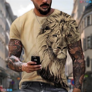 💖臺灣💖夏季t恤男士動物獅子3d印花時尚短袖上衣微彈力運動健身t恤男士