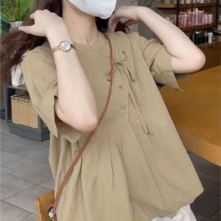 民族風襯衫女 中式國風上衣夏季新款設計感小眾洋氣時尚泡泡別致圓領襯衫發貨 短袖襯衫 文藝復古上衣 中國風上衣 寬鬆上衣