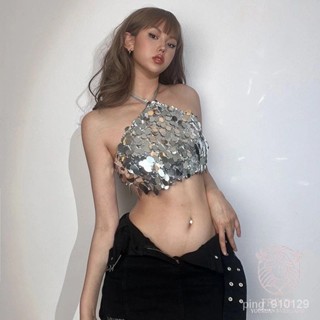 【FROCK】夜店氛圍感銀色亮片掛脖上衣露背綁帶性感短款背心 亮片上衣 性感上衣 打底衫 亮麵上衣 短款上衣 外穿上衣