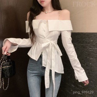 【FROCK】荷葉邊吊帶襯衫純慾一字肩露肩綁帶襯衣 薄款外套 內搭襯衫 外穿襯衫 防曬衫 性感上衣 短款襯衣 長袖襯衫
