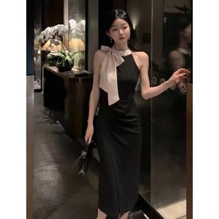 【桃喜Rich現貨】2色可選 韓系洋裝 小個子洋裝 氣質洋裝 絲巾蝴蝶結掛脖洋裝 無袖連衣裙女 夏季收腰顯瘦中長款裙子