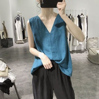 v領棉麻背心馬甲女式文藝寬松顯瘦韓版純色簡約無袖上衣2024新 復古 中國風 民族風 上衣 無袖背心 大碼背心 吊帶背心