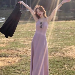 臺灣出貨 法式純慾弔帶連衣裙子夏季2024收腰顯瘦女裝海邊度假沙灘長裙 顯瘦洋裝 法式長裙 洋裝長裙 韓係連衣裙 連身裙