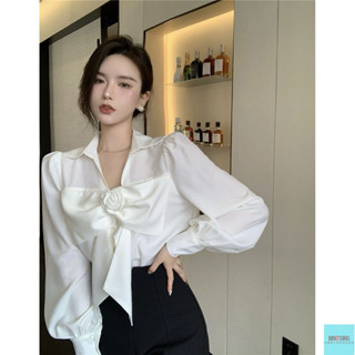 BINGTANG服飾 襯衫 襯衣 短款襯衫 新中式襯衫 白色襯衫女法式蝴蝶結山茶花長袖襯衣早秋小眾別緻輕熟風氣質上衣