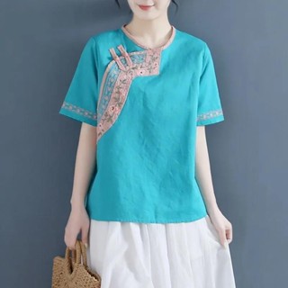 夏季新款民族風繡花棉麻襯衫女寬松圓領拼色盤扣復古純棉短袖t恤 大尺碼短袖 棉麻短袖 復古上衣 中國風上衣 短袖T恤 顯瘦