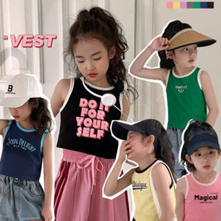 Molly🎏純棉女童背心2024夏季新款拚接字母印花上衣寶寶洋氣兒童無袖T恤
