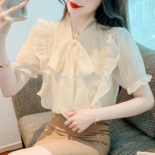 ✨特價✨法式荷葉邊減齡寬鬆雪紡衫女2024春秋甜美氣質蝴蝶結百搭長袖上衣