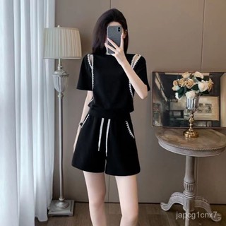 女裝 夏裝套裝 夏季運動服套裝女2024新款時尚顯瘦洋氣寬鬆短袖 短褲 休閒兩件套