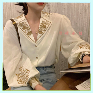 【可可小姐】氣質襯衫 港風襯衣 重工襯衣 刺繡襯衣 燈籠袖上衣 繡花襯衫 宮廷風上衣 長袖上衣 翻領襯衫 單排扣上衣