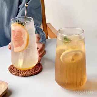 🔥限時下殺🔥大容量網紅條紋杯 耐熱耐冷高款玻璃杯 ins豎紋玻璃杯 水杯 飲料杯 咖啡杯 復古杯 美式拿鐵氣泡水冷