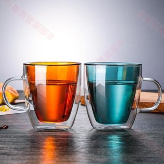 新竹出貨♕高硼矽玻璃雙層杯 咖啡杯 果汁杯 茶杯 帶把手水杯 色彩水杯 意式咖啡杯 ins杯