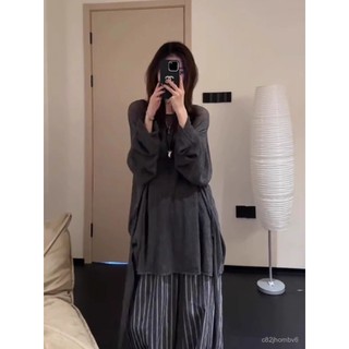 條紋寬鬆女裝慵懶早秋新款上衣休閒闊腿褲飄帶套裝兩件套針織衫 日系女裝 春天女裝 小香風女裝 韓國女裝 高級感女裝 千金裝