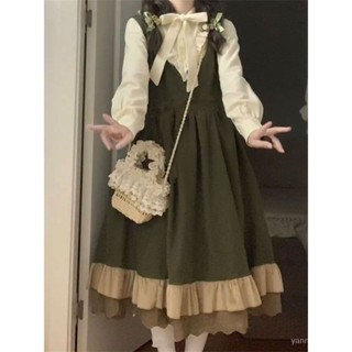 點心喵 森系穿搭 日系森林系 日系穿搭 森林系 日系女裝 兩件式套裝 森系複古減齡疊穿春秋設計感小清新背心裙+蝴蝶結襯衣