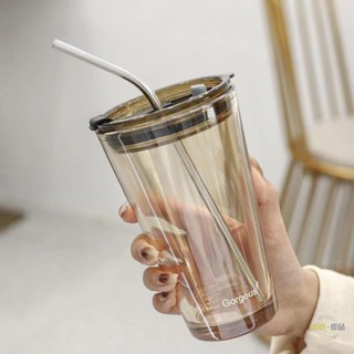 臺灣出貨│ins風簡約北極光玻璃杯帶蓋吸管杯 奶茶水杯輕奢早餐杯咖啡杯