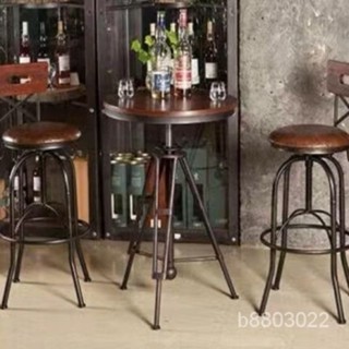 免運【可開發票】複古實木圓形高腳桌家用咖啡廳奶茶店酒吧可陞降吧臺小圓桌椅組閤