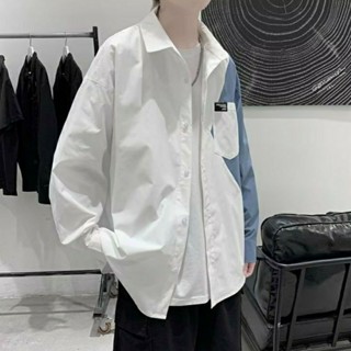 【海謐】拼接襯衫男 長袖襯衣男士 薄外套【M-3XL】小眾設計感襯衣男潮牌ins仿牛仔拼接長袖襯衫春秋寬松休閑衫