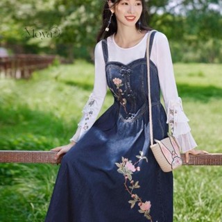 刺繡牛仔連衣裙夏季 新款復古顯瘦設計背帶裙子國風新中式 牛仔背帶裙 吊帶長裙 背帶長裙 洋裝 大尺碼吊帶裙 連身裙