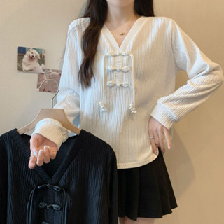 大碼女裝新中式國風盤扣肌理感上衣女秋季新款寬松顯瘦上衣女 長袖上衣 長袖T恤 國風T恤 內搭衫 中國風 新中式上衣 女生