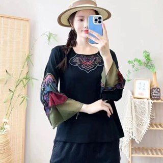 中國風上衣女 文藝復古民族風四季新款重工圓領休閑寬松刺繡繡花三層紗女士打底 民族風上衣 文藝復古大尺碼古著襯衫女