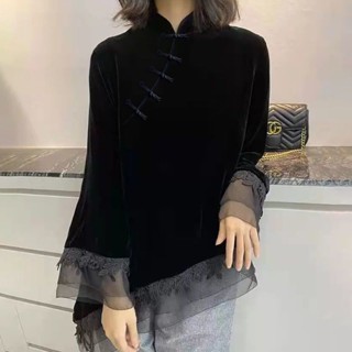 中國風上衣女 歐洲站復古不規則黑色金絲絨旗袍上衣春秋季中國風立領盤扣襯衫女 民族風上衣 文藝復古大尺碼古著襯衫女