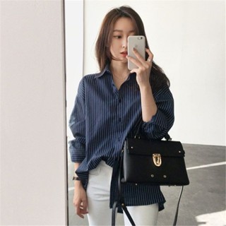 韓國東大門條紋襯衫女長袖中長款春季韓版寬松大碼襯衣士小眾 韓版上衣 大尺碼襯衫 大尺碼女裝 長袖襯衫 日系穿搭
