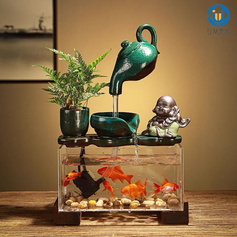 【好物優惠】辦公室小魚缸 擺件 風水輪 轉球 小噴泉 流水陶瓷擺件 風水招財 生日禮物喬遷禮品 U.MI402