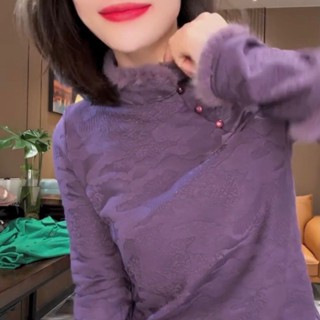中國風上衣女 高檔中式復古時尚氣質國風旗袍上衣女盤扣立領春秋新款長袖打底衫 新中式上衣 長袖打底衫女 春秋國風保暖長袖女