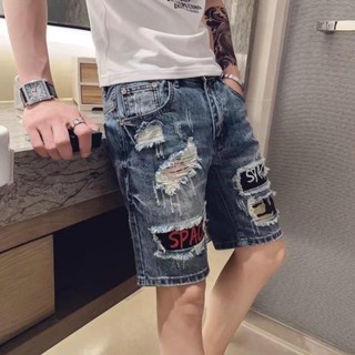 8號倉庫 男士牛仔短褲 闊腿褲 破洞牛仔短褲男五分褲2022夏季薄款修身韓版潮流乞丐馬褲男士中褲 薄款牛仔褲 潮流短褲