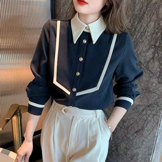 春秋新款燈芯絨復古POLO領長袖襯衫女時尚拚色減齡氣質上衣潮