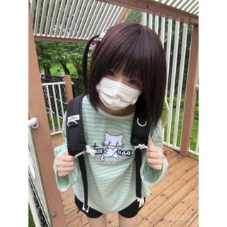 免運 甜美風 百搭上衣 秋季新款 萌感少女!!!【刺繡貓咪】亞文化條紋長袖T恤女INS寬鬆顯瘦上衣服