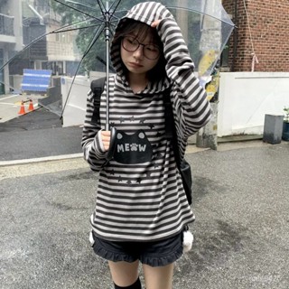 免運 甜美風 百搭上衣 秋季新款 棉料亞文化貓咪長袖條紋寬鬆秋冬設計感衛衣日係可愛上衣連帽女生