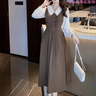 大尺碼~復古拼接假兩件長袖連衣裙女春秋季氣質大碼顯瘦胖mm高階感長裙子套裝女 秋裝 連衣裙 中長裙 寬鬆 韓版