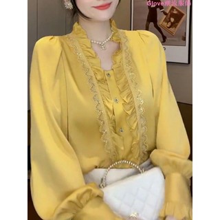 大碼~韓版小眾蕾絲拼接木耳邊洋氣小衫2023春裝新款慵懶風女士高檔襯衫長袖上衣 長袖t恤 女裝 秋冬寬鬆上衣 顯瘦上衣