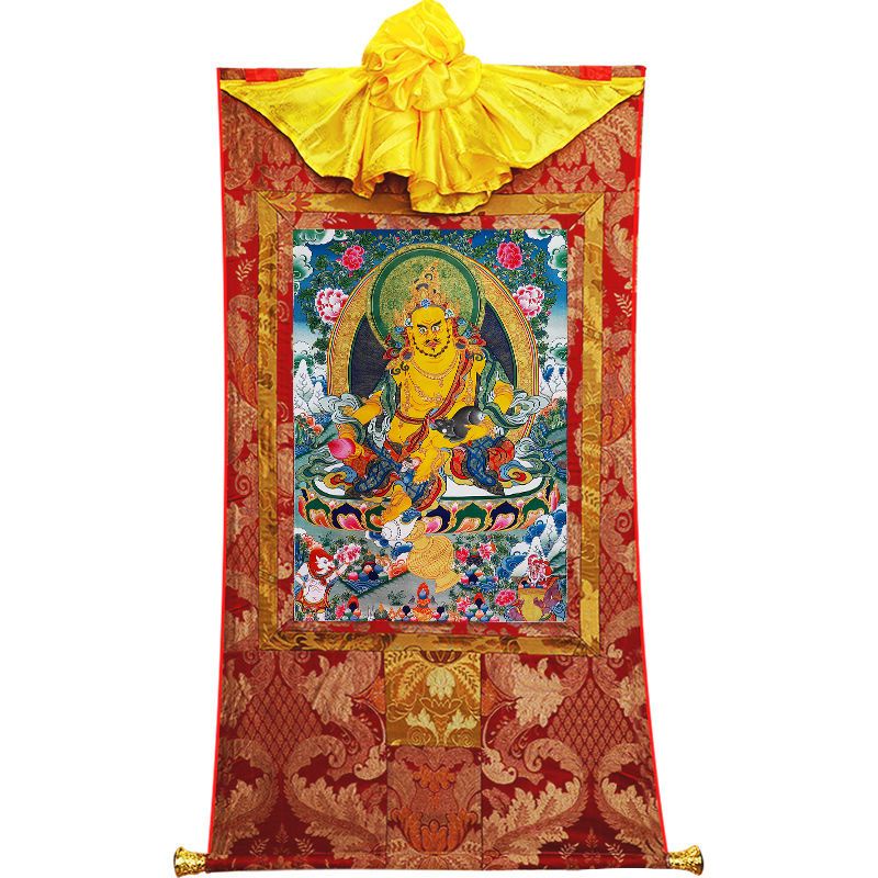 黃財神佛像唐卡掛畫 尼泊爾礦物顏料畫心五路財神像裝飾畫