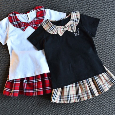 {Arbea}新款學院風洋氣童裝短袖格子裙兩件式套裝洋裝【C663】