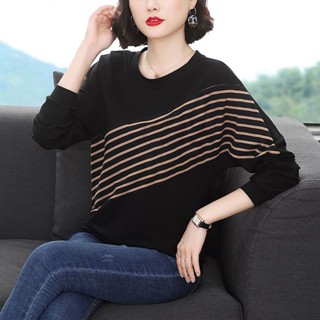 COCO💛大尺碼上衣 女打底媽媽長袖條紋t恤女長袖2023春秋冬季新款寬松大碼T恤遮肚洋氣上衣