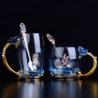 台灣-熱銷 歐式琺瑯彩水杯 耐熱玻璃杯 咖啡泡茶杯子女 花茶杯 家用杯子 玫瑰水杯 創意情侶禮物