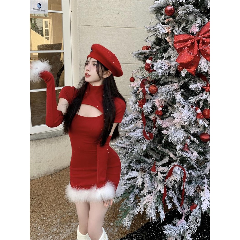 熱賣新款 聖誕節服飾 半高領連衣裙洋裝 女 毛絨領秋冬套裝 紅色新年過年短裙 袖套鏤空性感包臀裙 性感套裝 減齡套裝 裙