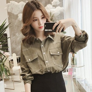 【Wik】長袖 襯衫 衣服女 上衣 女襯衫 薄 外套 春秋裝新款韓範Polo領單排扣長袖襯衣寬鬆休閒襯衣外套襯衫女