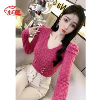 💖💖小白狐💖💖【精選】 法式高階感V領泡泡袖蕾絲衫女秋季新款氣質名媛緊身百搭長袖上衣