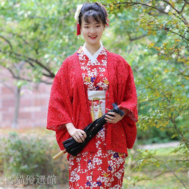 日式和服  和服女正裝  浴衣和服  紅色長裙白色腰帶  櫻花少女和風演出服裝 【橘貓】