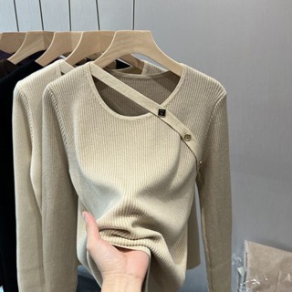 SY大尺碼上衣長袖毛衣女秋設計感小眾別緻上衣不規則外穿修身針織打底衫泫雅風日系穿搭上衣ins潮